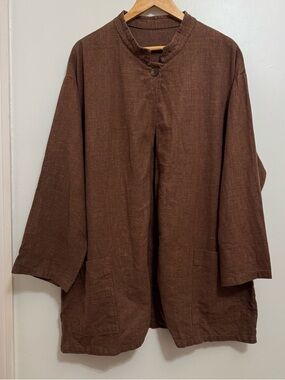 Brown Lagenlook Linen Button Front Jacket Top